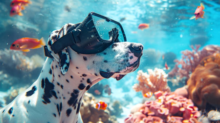 Dalmatian dog wearing virtual reality glasses seeing virtual reality underwater world around him with colorful fish and coral. Concept of virtual reality, underwater exploration, playful pets.の写真素材
