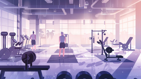 Two white men in a modern gym with various fitness equipment. Concept of workout, fitness training, healthy lifestyle, exercise routine. Digital art.の写真素材