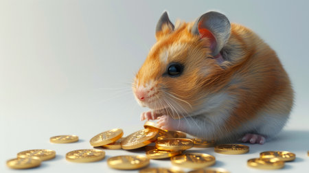 Cute hamster holding a Bitcoin coin surrounded by more coins. Concept of cryptocurrency, wealth, financial investment, adorable animals.の写真素材