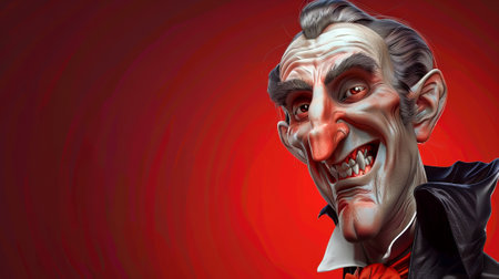 Cartoon vampire with fangs and red eyes on red background. Concept of Halloween, folklore, monster, horror.の写真素材