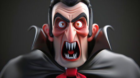 Caucasian male vampire with exaggerated sharp teeth and red eyes in a dark background. Concept of horror, Halloween, monster, gothic fiction.の写真素材