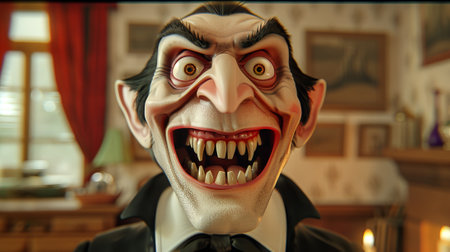 Sinister vampire with exaggerated facial features and sharp fangs. Concept of horror, supernatural...
