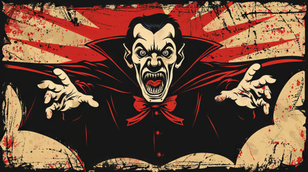 Gothic cartoon vampire with bared fangs and cape on an abstract background. Concept of horror, Halloween, dark fantasy, mythical creatures.の写真素材