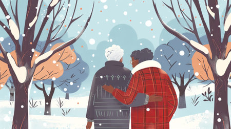 Illustration of an elderly African American couple standing outdoors in winter, with snow falling and a house in the background. Concept of senior love, winter season, family, and same-sex relationship.の写真素材