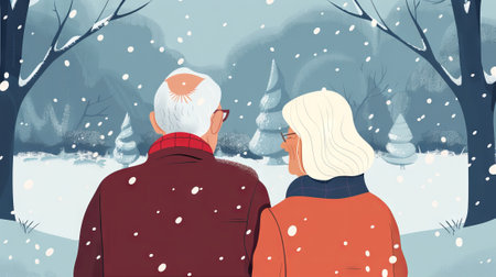 Elderly couple with winter clothes embracing in a snowy forest. Concept of love, companionship, winter, nature.の写真素材