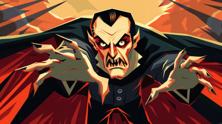 Illustration of a menacing vampire with dark cape and sharp fangs reaching out. Concept of horror,...