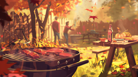 Autumn backyard barbecue with grill and sausages. Concept of fall picnic, outdoor cooking, seasonal gathering, family fun.の写真素材