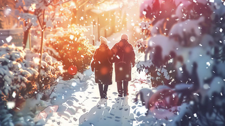 Elderly couple walking on snowy path, concept of winter stroll, aged companionship, cold season activity.の写真素材