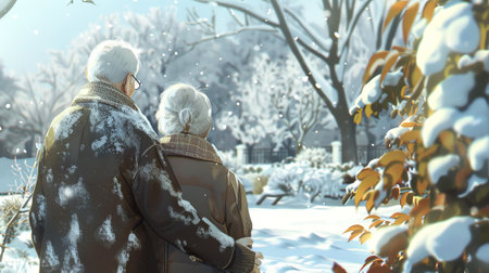 Elderly couple walking on snowy path, concept of winter stroll, aged companionship, cold season...