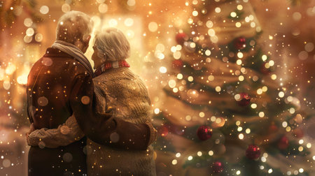 Elderly couple embracing in front of a decorated Christmas tree. Concept of holiday celebration, senior romance, festive season, Christmas lights.の写真素材