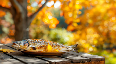 Autumn outdoor cooking with grilled fish on a pan surrounded by colorful fall leaves. Concept of seasonal cuisine, outdoor cooking, fall activities. Copy space.の写真素材