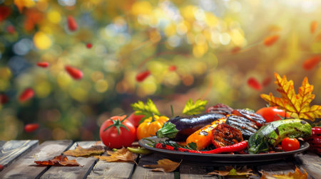 Grilled vegetables on a plate outdoors with a blurred autumn background. Concept of healthy eating, autumn harvest, outdoor cooking, and vegan cuisine. Copy space.の写真素材