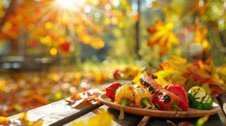 Grilled vegetables on a plate outdoors with a blurred autumn background. Concept of healthy eating, autumn harvest, outdoor cooking, and vegan cuisine. Copy space.の写真素材