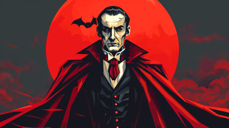 Dracula illustration with bats. Grunge style. Concept of horror, Halloween, vampire mythology, count dracula, fantasy, gothic art.の写真素材