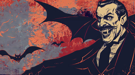 Dracula illustration with bats. Grunge style. Concept of horror, Halloween, vampire mythology, count...