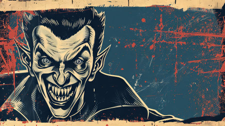 Grunge-style illustration of a vampire with fangs and a sinister smile. Concept of horror,...