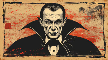 Gothic vampire with cape and fangs in vintage illustration. Concept of horror, classic monster, Halloween, eerie, count dracula.の写真素材