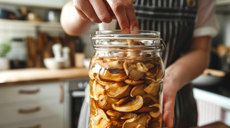 Caucasian man preserving mushrooms in a jar wearing a striped apron in a kitchen. Concept of food preservation, cooking, homemade recipes, culinary preparation.の写真素材
