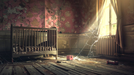 An abandoned crib in a decaying nursery with sunlight streaming in through a window. Concept of abandonment, neglect, decay, solitude, haunted house, scary room, Halloween.の写真素材
