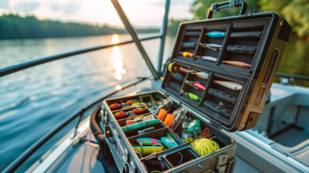 Fishing tackle box with various lures on a boat by a lake at sunset. Concept of angling, outdoor recreation, fishing equipment, lake sport.の写真素材