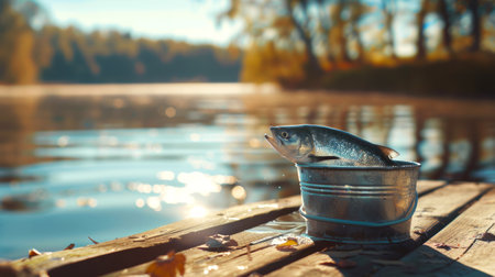 Freshly caught fish in a metal bucket on a wooden pier by a lake. Concept of fishing, outdoor activity, nature, fishing gear.の写真素材
