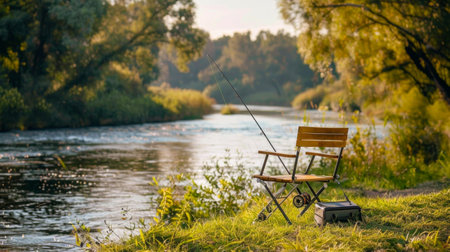 Camping chair with fishing rod by a river. Concept of outdoor leisure, fishing, camping, nature retreat. Copy space.の写真素材