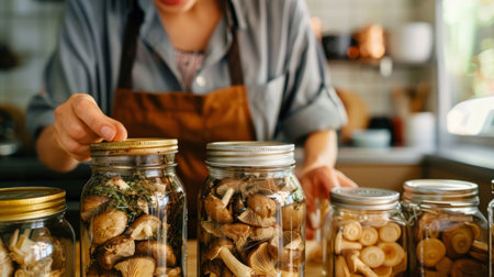 Woman in an apron preserving mushrooms in jars in a kitchen. Concept of food preservation, home canning, sustainability, culinary arts.の写真素材