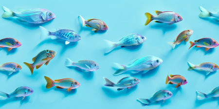 School of colorful fish on a blue background. Concept of marine life, vibrant colors, fish collective, and aquatic illustration. Copy space. Background.の写真素材