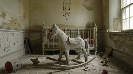 Abandoned nursery with cobwebs and cracked walls including a crib and dusty rocking horse. Concept of decay, neglect, forgotten childhood, urban exploration, haunted house, scary room, Halloween.の写真素材