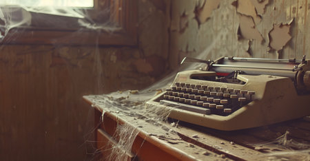 Vintage typewriter on a dusty desk in an old abandoned room with cobwebs. Concept of writing, nostalgia, urban decay, Halloween.の写真素材