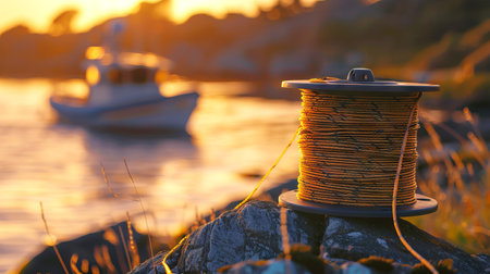 Sunset view of fishing rope spool by the water with boat in the background. Concept of maritime equipment, sunset fishing, coastal lifestyle, nautical activities.の写真素材