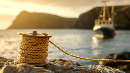 Sunset view of fishing rope spool by the water with boat in the background. Concept of maritime equipment, sunset fishing, coastal lifestyle, nautical activities.の写真素材