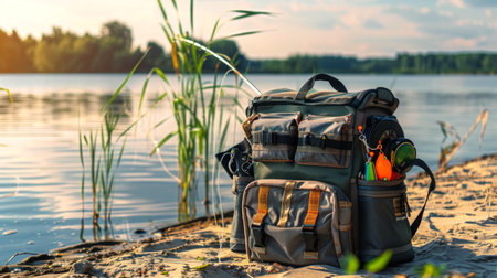Fishing bag with various equipment on a lakeshore. Concept of outdoor gear, fishing supplies, angling, and travel.の写真素材