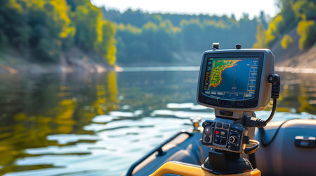 Fish finder on a boat in a serene lake during autumn. Concept of fishing, lake exploration, outdoor tech, seasonal activity.の写真素材