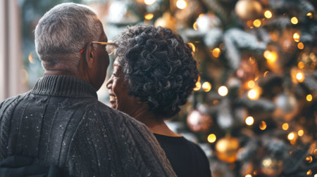 Elderly African American couple embracing in front of a Christmas tree. Concept of love, festive season, togetherness, holiday.の写真素材