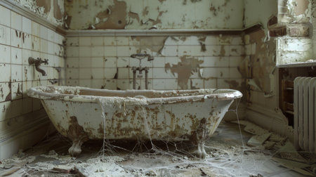 Old abandoned rusty bathtub in a decaying room with peeling paint and cobwebs everywhere. Concept of urban decay, derelict building, neglect, vintage interiors, haunted house, scary room, Halloween.の写真素材