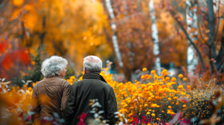 Elderly couple with gray hair in a colorful autumn garden. Concept of senior love, aging, autumn season, nature.. Copy space.の写真素材