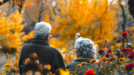 Elderly couple with gray hair in a colorful autumn garden. Concept of senior love, aging, autumn season, nature.. Copy space.の写真素材