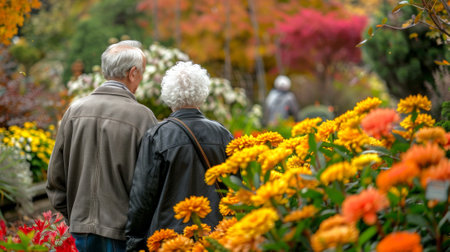 Elderly couple with gray hair in a colorful autumn garden. Concept of senior love, aging, autumn season, nature.. Copy space.の写真素材