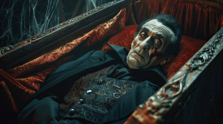 Gothic male vampire in an old wooden coffin. Concept of horror, supernatural, Halloween, undead.の写真素材