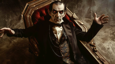 Gothic male vampire in an old wooden coffin. Concept of horror, supernatural, Halloween, undead.の写真素材
