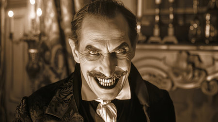 Sepia-toned portrait of an elderly Caucasian man with a sinister smile in a vintage setting. Concept of horror, villain, vintage style, classic film character.の写真素材