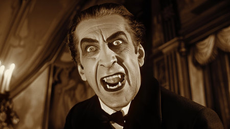 Vintage portrait of male actor in vampire costume. Concept of classic horror, old cinema, gothic character, Halloween costume, Dracula castle.の写真素材
