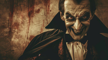 Sepia-toned portrait of an elderly Caucasian man with a sinister smile in a vintage setting. Concept...