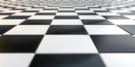 Black and white checkered floor pattern extending into the distance. Concept of geometric design, interior decoration, optical illusion, Chess board. Abstract background.の写真素材