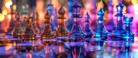 Transparent chess pieces on a colorful illuminated background. Concept of strategy game, board games, transparent objects, chess. Abstract background.の写真素材