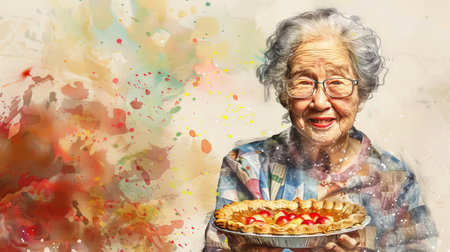 Elderly Asian woman holding homemade apple pie in rustic kitchen. Concept of Asian cuisine, baking, home cooking, family traditions.の写真素材
