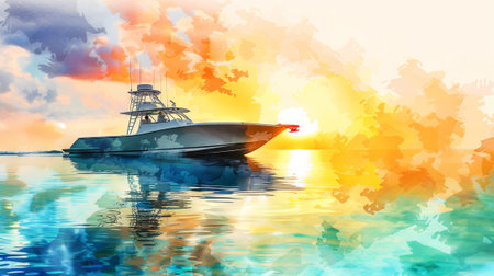 Watercolor painting of a boat on a calm sea at sunset. Concept of maritime travel, serene water scene, nautical adventure, tranquility. Copy space.の写真素材