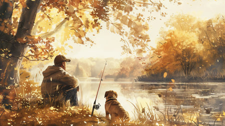 Watercolor painting of a man fishing with a dog on a quiet autumn day. Concept of outdoor relaxation, nature, hobbies, companionship. Copy space.の写真素材