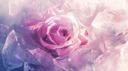 Pink rose surrounded by ice crystals on a soft background. Concept of floral beauty, nature...